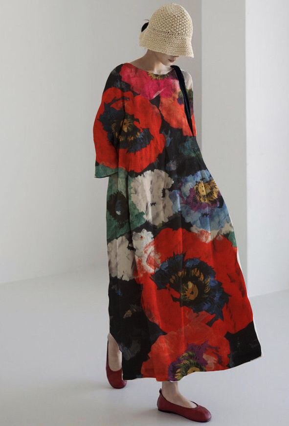 Olivia - Artistic Midi Dress with Maximum Comfort and Intense Floral Print for a Striking Look