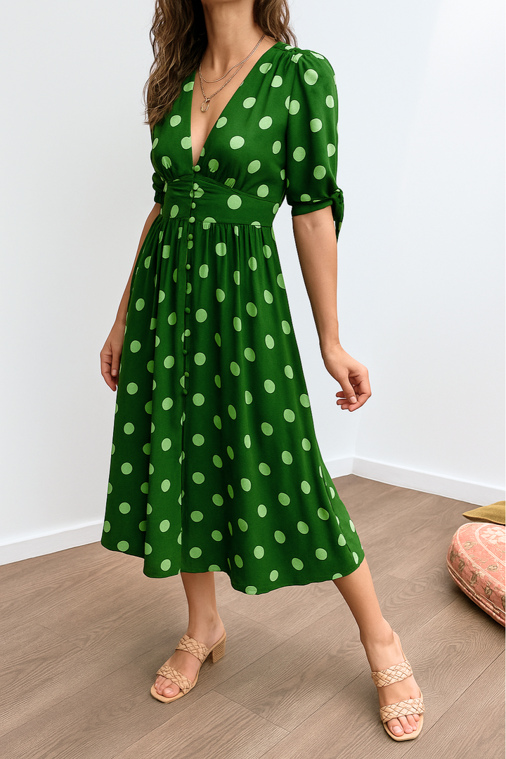 Aleksandra - Elegant Polka Dot Dress with V-neck